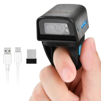 Imagen de JRHC 1D 2D Bluetooth portátil anillo de código barras escáner Mini lector códigos con conexión inalámbrica 2,4 GHz y cable USB