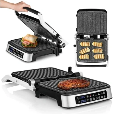 Imagen de ZEEGMA Grill Chef Parrilla eléctrica y sandwichera 2100 W, placas calefactoras extraíbles, 2 en 1, abatible 180, antiadherentes ILAG, bandeja de goteo, notificaciones sonoras, temporizador