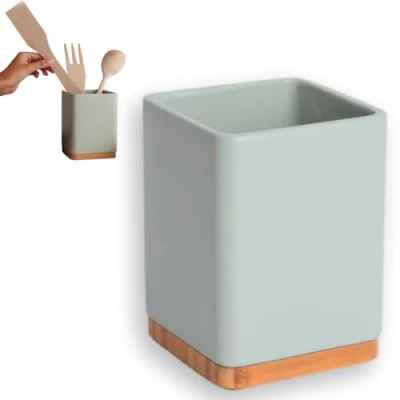 Imagen de KOOK TIME Porta utensilios de cocina Bote para cerámica y bambú Soporte cuadrado Verde Salvia mate 10.5 x 15 cm