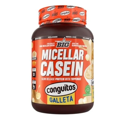 Imagen de BIG Caseina Micelar de Maxima Calidad, Proteina Liberacion Sostenida para Recuperacion y Masa Muscular, Textura Cremosa (Con toppings (trocitos), Conguitos Galleta White)