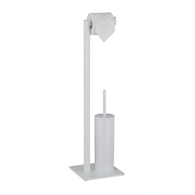 Imagen de Relaxdays Escobillero Portarrollos Baño Pie Sin Taladrar, Porta Escobillas y Rollo Papel Higiénico, 72x20x20 cm, Blanco, Acero
