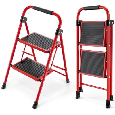 Imagen de KINGRACK Escalera de 2 escalones, Plegable con Pedal Antideslizante y Ancho, pequeña asa, Acero Resistente, Ligera portátil, Color Rojo