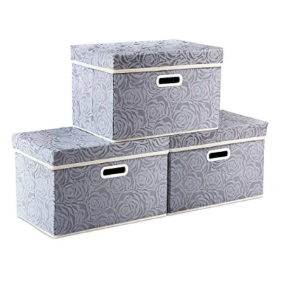 Imagen de Prandom Cajas de almacenamiento plegables con tapa, cubos decorativos tela, cestas organizadoras asas divisoras para dormitorio, sala estar,rosa,38x25x25 cm, paquete 3