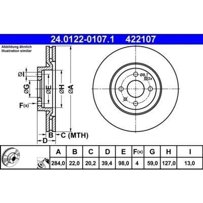Imagen de ATE 24.0122 0107.1 Disco de freno 284,0 22,0 4 98,0 ventilado revestido FIAT: Punto II Hatchback, Multipla, Coupe, LANCIA: DELTA 2, ALFA ROMEO: 146