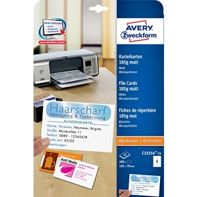 Imagen de Avery Zweckform C32254 25 Papel A4 microperforado con capacidad para 8 tarjetas de visita (185 g, 105 x 70 mm), color blanco