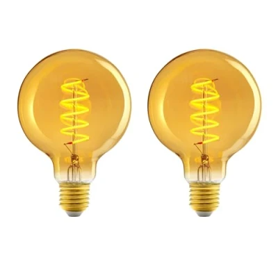 Imagen de Amazon Basics Bombilla LED E27 vintage, cristal ámbar retro, G93, 4 W (equivalente a 25 W), paquete de 2, luz ultracálida 1800 K para decoración