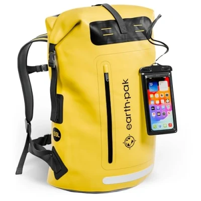 Imagen de Earth Pak Mochila impermeable con cierre enrollable, bolsillo frontal, panel trasero acolchado y funda para teléfono, Amarillo, 55L, de viaje