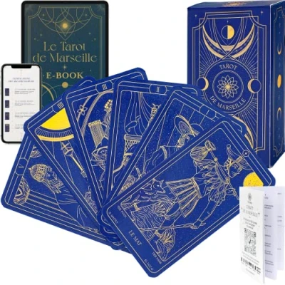 Imagen de Tarot de Marsella + folleto y Libro electrónico 196 páginas adivinatorio en francés Principiante Juego Tradicional 78 Cartas Videncia, Adivinación Guidance