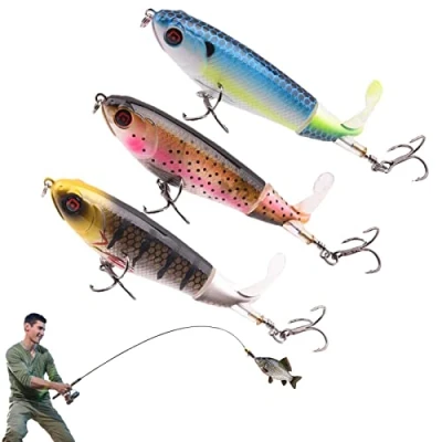 Imagen de Voiakiu hélice 3 señuelos Pesca Agua Superior con Cola giratoria Flotante,Señuelo Whopper, cebos flotantes, para Trucha, lub, lubina Dulce