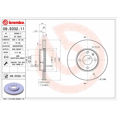 Imagen de BREMBO 09.E032.11 Disco de freno 256 20 4 ventilación interna revestido con tornillos