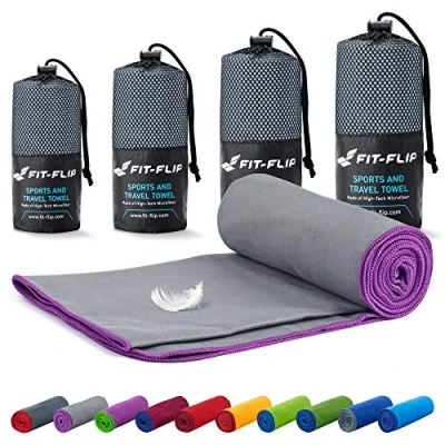 Imagen de Fit Flip Toalla Microfibra Toallas microfibras para el Gimnasio y Viaje Gym compacta, Ultraligera de Secado rápido Playa Grande Natacion (50x110cm Gris Borde Violeta)