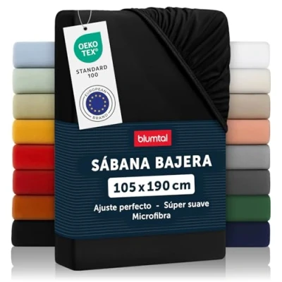 Imagen de Blumtal Basics Sábana Bajera Ajustable de Microfibra Cepillada para colchón 25 27 cm Altura, Cama 105: 105 x 190 30 cm, Negro