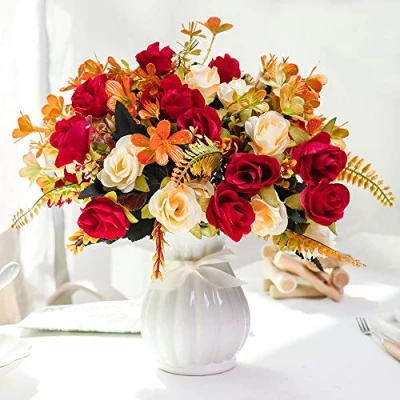 Imagen de LESING Rosas Artificiales de Seda con jarrón, Flores Falsas, Ramos Boda, arreglo para el hogar, Oficina, Fiesta, Centro Mesa (Rojo 1)