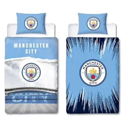 Imagen de Character World juego de funda edredón oficial del Manchester City FC para cama individual, color azul, reversible, 2 caras, incluye almohada a
