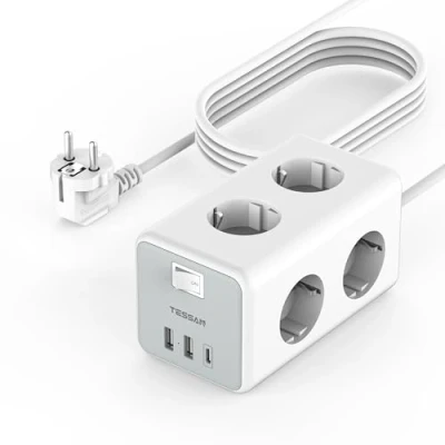 Imagen de TESSAN Regleta Enchufes con USB C y 2 A, Regletas 6 Enchufes, Ladron Interruptor, Alargador Enchufe 5 Metros, Base Multiple 3600W 16A para Cocina, Oficina, Mesa