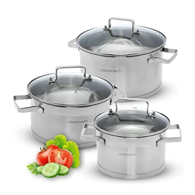 Imagen de classbach® Juego de cacerolas 6 piezas inducción acero inoxidable para todo tipo placas (inducción, gas, vitrocerámica, eléctrica) Apto lavavajillas C KTS 4017