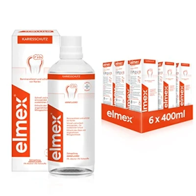Imagen de elmex Enjuague bucal protector de caries 6 x 400 ml Limpieza dental antibacteriana sin alcohol protege eficazmente contra la para uso diario con calcio fluoruro doble