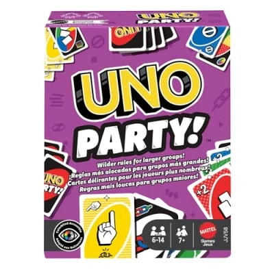 Imagen de Mattel Games UNO Party, juego de cartas con baraja y reglas especiales para grupos grandes, niños, adultos noches en familia, 6 a 14 jugadores, partir 7 años, JJV58