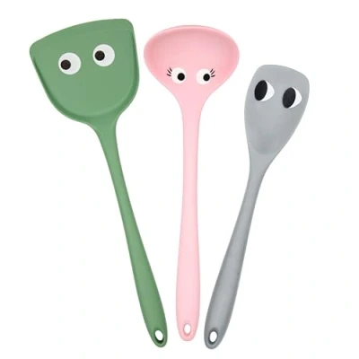 Imagen de Fisura utensilios de cocina originales con ojos. Pack 3 silicona. Juego espatulas colores pastel. Cuchara y lenguas silicona sin BPA Resistente al Calor.