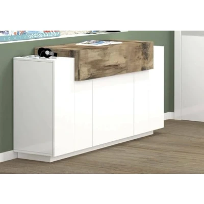 Imagen de Aparador Moderno, de diseño con 4 Puertas, Made in Italy, Mueble para TV, Buffet salón, 140x45h86 cm, Blanco Brillante y Color Arce