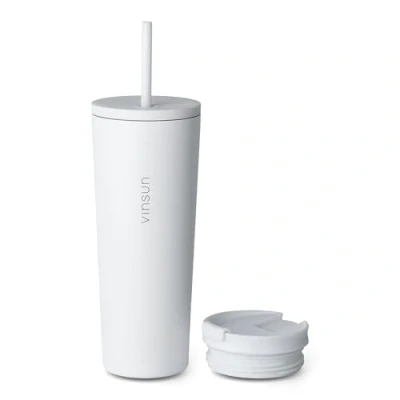 Imagen de VINSUN Vaso Térmico con Pajita 720ml Acero Inoxidable, a Prueba de Fugas, Doble Pared Aislada, Reutilizable Taza Térmica Dos Tapas para Viajes, Coche, Universidad
