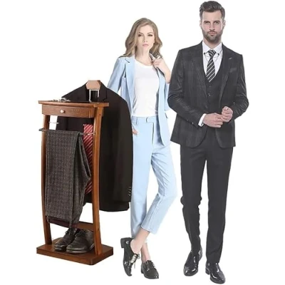 Imagen de Qcesorib Puesto de Valet Toda la Madera Maciza, Galán Noche Moderno Multifuncional, Perchero Madera, Independiente para Ropa, con Cajones y Zapatero, Color Nuez