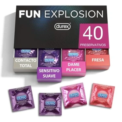 Imagen de Durex Preservativos Mixtos Fun Explosion Sabor Fresa, Dame Placer, Sensitivo Suave y Contacto Total, 40 Condones, 52 56 mm