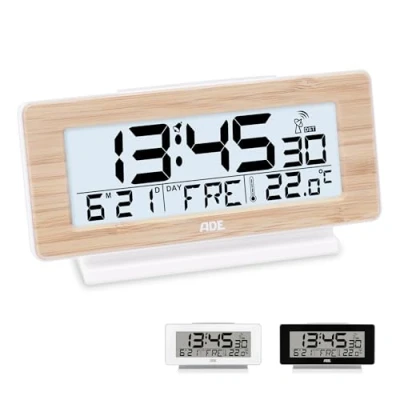 Imagen de ADE Reloj Despertador Digital con radiocontrol Inteligente Temperatura y Calendario de sobremesa Pantalla LCD luz bambú