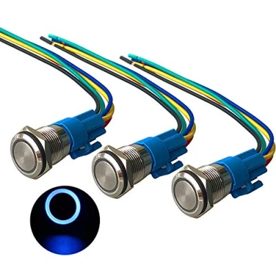 Imagen de QitinDasen 3Pcs Premium 12V / 24V 5A Interruptor de Botón Momentáneo, 16mm Metálico, LED Azul Pulsador Impermeable IP67 con Enchufe Cable