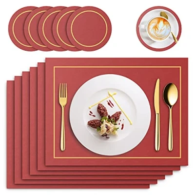 Imagen de RIWNNI Manteles Individuales de Cuero PU, Juego 6 Mantel Individual y Posavasos, Lavables Antimanchas Antideslizante Salvamanteles Individuales, 41x31cm Rectangulares Salvamanteles, Rojo