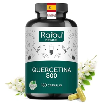 Imagen de Quercetina 500 mg Pura 180 Cápsulas Veganas para 6 Meses de Suministro Extracto Sophora Japonica con 95% en Alta Potencia, Sin Aditivos y Probado Laboratorio Raibu