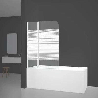 Imagen de MARWELL White Lines mampara de ducha plegable para bañera (100 x 140 cm, 2 piezas, color blanco mate), vidrio templado seguridad 4 mm grosor