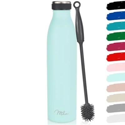 Imagen de Milu botella de acero inoxidable 350ml 500ml 750ml 1 L 1,5 agua aislada, aislante a prueba fugas, doble pared, apta para ácido carbónico + cepillo limpieza (Menta, L)
