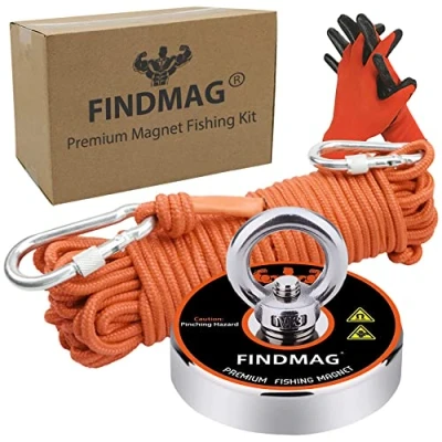 Imagen de FINDMAG Juego de pesca con imán, magnético pesca, 500 lb (226 kg) imán neodimio resistente y guantes cuerda para recuperación ríos