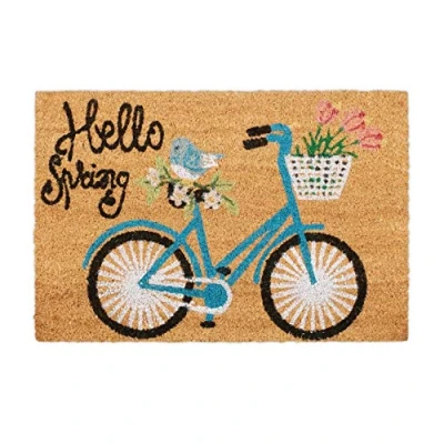 Imagen de Relaxdays Felpudo Coco, Frase Hello Spring, Bicicleta y Flores, Alfombrilla Puerta Interior Exterior, 40 x 60, Natural