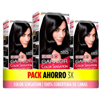 Imagen de Pack de 3 Cajas Coloración Color Sensation Garnier: Vivo y Duradero, Cobertura Completa Canas, Fácil Aplicación con Bol Pincel, Cabello Suave Sedoso, 1.0 Ultra Negro