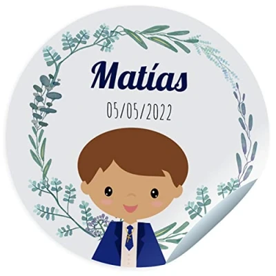 Imagen de 24 Etiquetas adhesivas comunión. Pegatinas personalizadas con nombre y fecha para los regalos de tus invitados. Stickers adhesivos personalizados (45 mm)