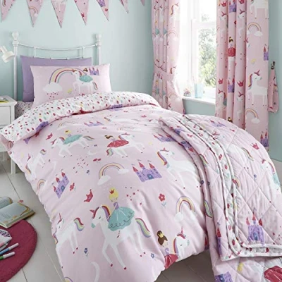 Imagen de Happy Linen Company Set de Fundas Infantiles para edredón Reversible Unicornios, Princesas y arcoíris Rosa Doble