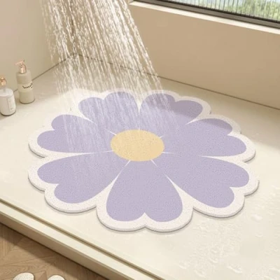 Imagen de Alfombrilla de ducha redonda flores para interior, alfombra baño lufa PVC, antideslizante, antimoho, con drenaje, secado rápido (rojo, 50 x cm)