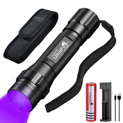 Imagen de UltraFire WF 508UV Linterna UV (395 405 nm, luz negra, zoom ultravioleta, LED, con funda, batería recargable de 3,7 V, 2600 mAh)