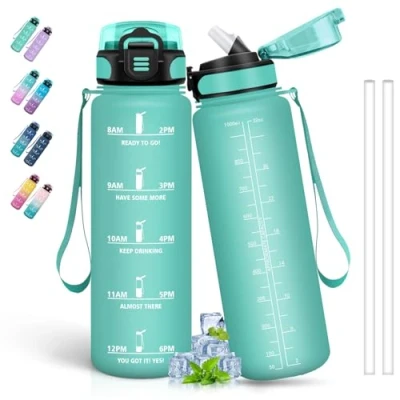 Imagen de Botella Agua 1 Litro, Gimnasio con Pajita, Reutilizable, Fácil de Limpiar, Deportiva, Marca Tiempo, Cantimplora para la Ciclismo, Correr, Senderismo, Verde