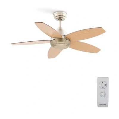 Imagen de CREATE / WINDFLOWOOD/Ventilador de techo níquel madera natural con mando/Silencioso, aspas reversirbles, motor AC cobre, temporizador 1h a 4h, 2 alturas, 60W, Ø107 cm