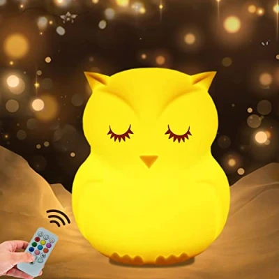 Imagen de WHA&amp;DARREN grande Búho Luz Nocturna Infantil de Noche Bebé lámpara Mesa cabecera silicona 9 colores con control remoto LED recargable USB para Dormitorio/Regalos niños