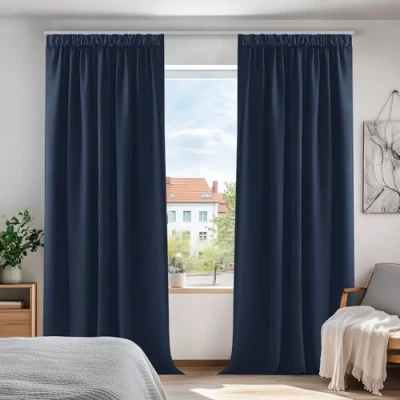 Imagen de Deconovo Cortinas Opacas Telas Termicas Aislantes Frio Calor Ruido Luz Rayos UV para Salon y Dormitorio con Bolsillo Fruncido de la Barra Conjunto 2 Piezas 140 x 180 cm Azul Marino