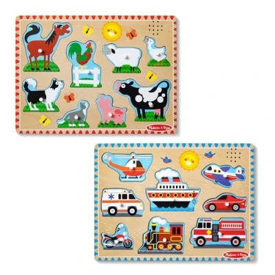 Imagen de Melissa &amp; Doug Puzzle de Sonidos Madera, Paquete 2 para Niños y Niñas en Edad Preescolar Aprender a Andar, Animales la Granja, Vehículos