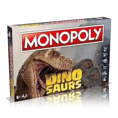 Imagen de el Juego de Mesa Monopoly Dinosaurs, avanza hasta T Rex, Velociraptor o Triceratops e intercambia tu Camino hacia éxito, es un Gran Regalo para Jugadores Mayores 8 años.
