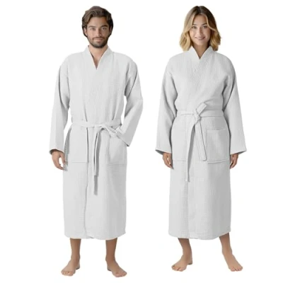 Imagen de HOMELEVEL Bata de Piqué Unisex Albornoz Mujer y Hombre 100% Algodón Waffle Ducha Sauna Piscina SPA Ligera Viaje con Bolsillos