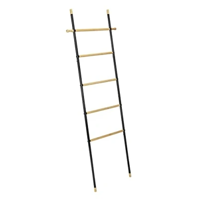 Imagen de WENKO Escalera con Ganchos Loft de Estilo Industrial, 5 peldaños bambú Certificado FSC®, Marco Tubo acero, 2 para Accesorios, 43,5 x 162 cm, Color Negro y Natural