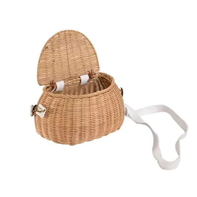 Imagen de Mochila mimbre para niños mimbre, cesta bicicleta con tapa y correa ajustable,