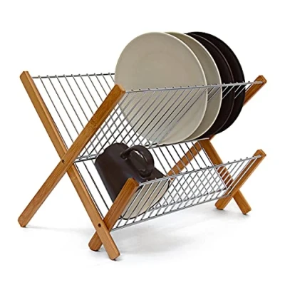 Imagen de Relaxdays Drainer Rack Cross Bamboo and Metal Escurridor de Platos Plegable, Bambú y Acero Inoxidable, 27 x 38 29 cm, 0.8 Kg, cm